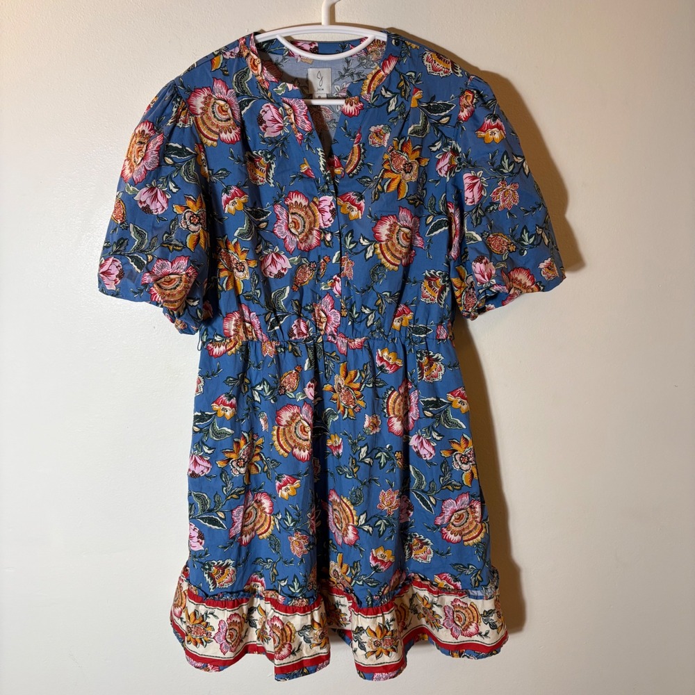 Joie Floral Print V Neck Elastic Waist Midi Dress‎ Blue Pink Yellow Size 8